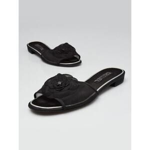 CHANEL Black Mesh Camellia Flower Open Toe Flat Sandals 39.5 sz